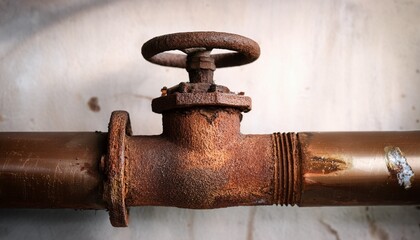 rusty metal pipe with ball valve and corrosion stains highlights need for urgent plumbing repair and maintenance in old buildings