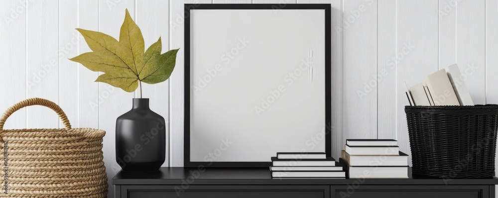 Poster empty picture frame displayed on a dark console table.