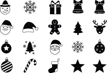 Christmas holiday icons collection – black and white vector silhouettes of Santa, snowflakes, stars, ornaments, reindeer, hats, gifts, stockings, and festive symbols