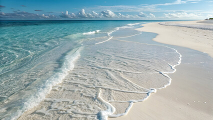 Gentle turquoise ocean waves washing onto a bright full hd 4k stock image download white sand beach under a blue sky with scattered clouds
