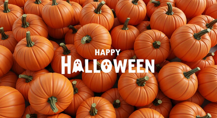 A festive halloween scene featuring a pile of pumpkins with a happy halloween message overlaid on top