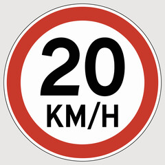 speed, limit, sign, icon, 20kmh, traffic, road, safety, regulation, vehicle, warning, slow, transport, driving, restriction, circular, red, control, legal, highway, travel, alert, rules, signage, moto