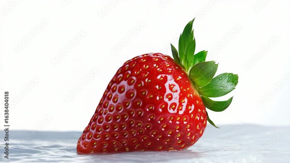 Poster fresh strawberry splashes into calm water, creating ripples and visual interest