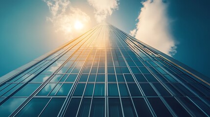 Looking Up at Glass Skyscraper with Sun Shining Through Clouds