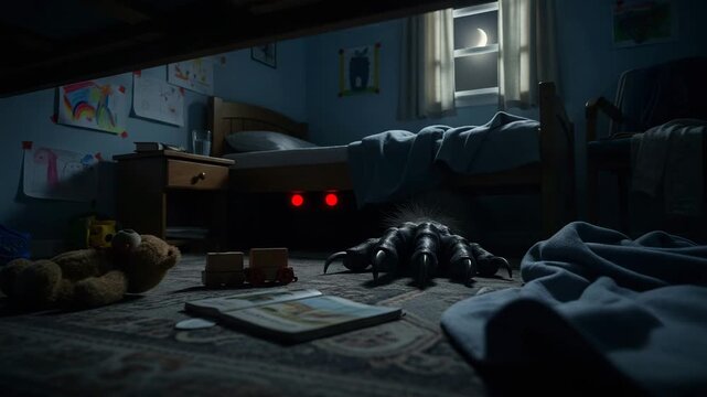 Atmospheric video about nightmares. The clawed paw of a monster and glowing eyes under the bed create a creepy tension.