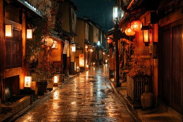 Fototapeta premium Nighttime street in Japan wet cobblestone reflects warm lantern light buildings line the narrow path