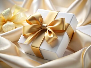 Elegant white gift box with a golden ribbon and bow on a luxurious silk background