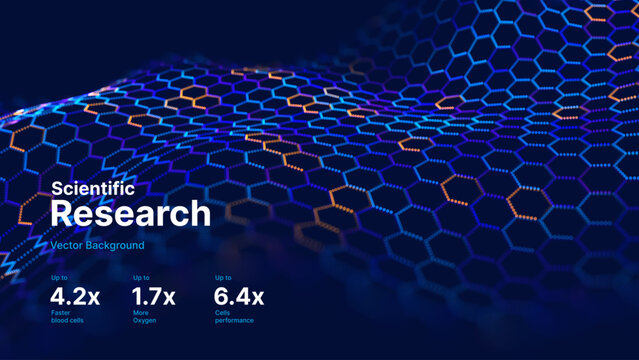 Abstract Digital Blue Hexagons Pattern Business or Science Research Background. Graphene Technology Science 3D Background. Nanotechnology Honeycomb Lattice Nanostructure. Vector Illustration.