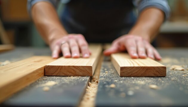 Hands guide wood planks on workbench closeup in workshop. Skilled carpenter crafts furniture, joinery projects. Natural wood grain texture visible. Hobbyist woodworking precision, creation detail.