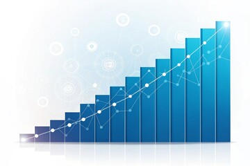 Blue bar graph showing upward trend and growth with digital network overlay
