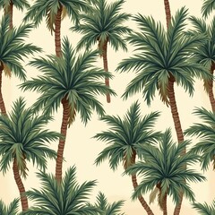 Vintage style illustration features seamless pattern of green palm trees against soft yellow background. Tropical plant design evokes summer vacation vibes, Hawaiian print collections. Ideal for