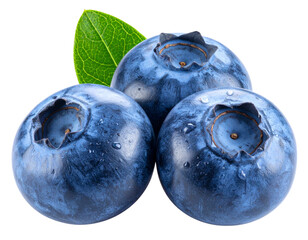 Obraz premium Cluster of Three Blueberries with Green Leaf, Transparent Background PNG