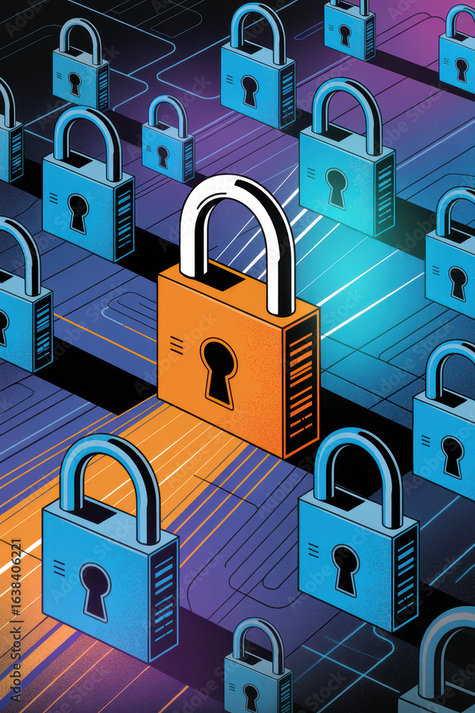 Poster colorful digital security concept featuring locks on a circuit pattern in vibrant blues and oranges