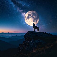Howling silhouette on a moonlit crag under a vast star speckled night canopy