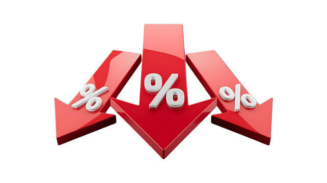 Three red 3D arrows with a percentage symbol pointing down on a black background. This graphic represents a decrease in price, sales, or an interest rate drop. 
