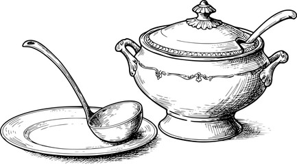 Vintage soup tureen and ladle with porcelain plate sketch for elegant dining design

