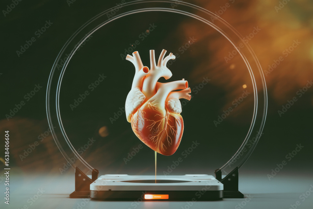 Poster realistic 3d rendered heart model displayed in high-tech environment with dramatic lighting