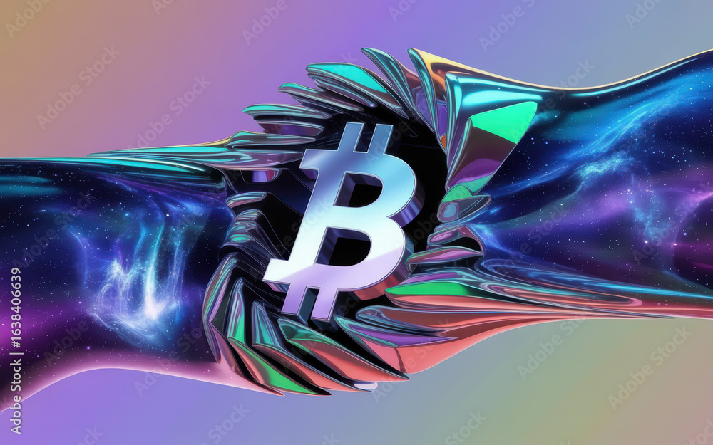 Poster futuristic concept of bitcoin breaking through with cosmic vibes and shimmering colors