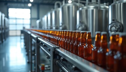 Automated bottling line in modern brewery, with rows of amber glass bottles moving on conveyor belt. Industrial production process for craft beer or beverages, focusing on quality control and hygiene.