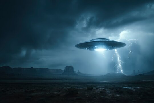 UFO amidst a storm emitting light beams with lightning in a desolate desert landscape