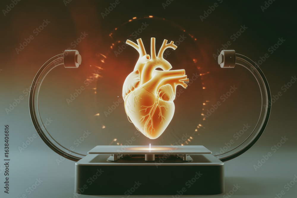Poster futuristic heart rendering in glowing orange and yellow with technological display background