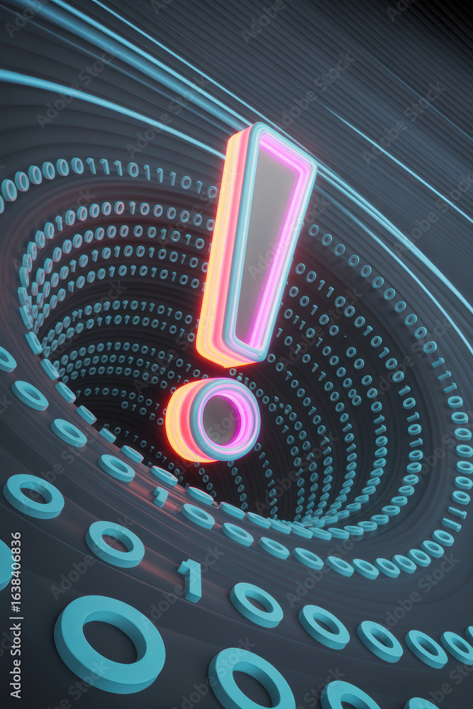 Poster dynamic digital alert symbol emerging from a spiral of binary code in neon colors
