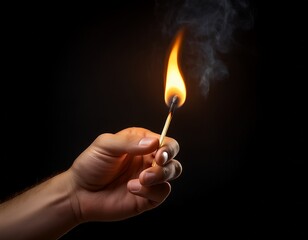 a hand holding a lit matchstick against a black background showcasing a warm flickering flame