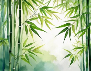 serene watercolor painting of cascading bamboo leaves with soft light and shadows
