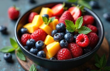 Fresh bowl of vibrant antioxidant-rich fruits promoting wellness, vitality, and heart health. Assortment of strawberries, blueberries, raspberries, and mango promotes healthy eating and balanced diet.
