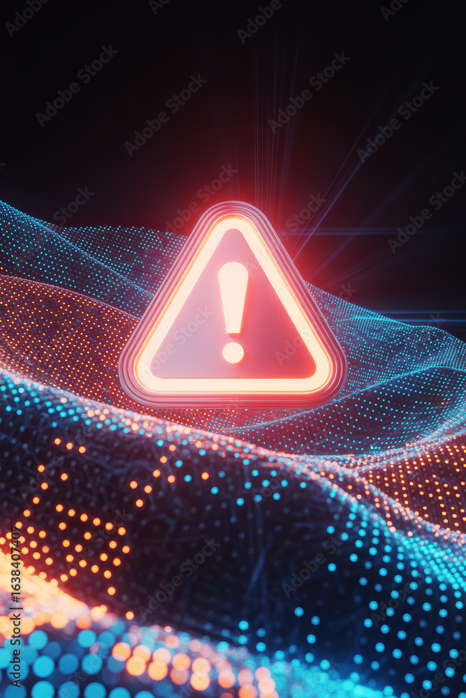 Poster alert notification icon glowing in blue and orange dot matrix background signifying digital warnings