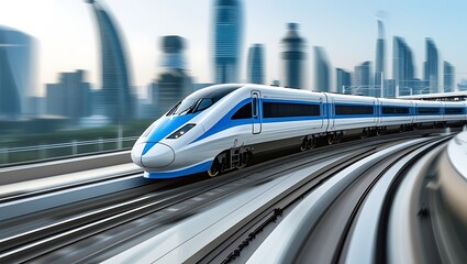 Fototapeta premium Modern high speed train traveling on tracks with futuristic city skyline background