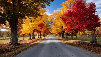 Fototapeta premium Scenic country road winding through vibrant autumn trees