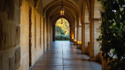 Obraz premium Walking Through an Arched Stone Hallway with Candlelight