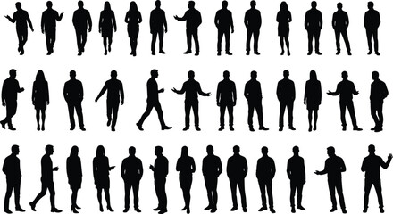 Silhouettes of diverse business people walking, standing, and gesturing, professional men and women in formal attire, corporate teamwork and communication vector illustration