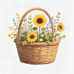 Hand-drawn summer flora featuring a sunflower basket.