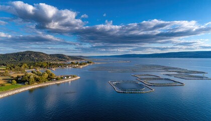Fish farm structures occupying coastal waters near green hills under cloudy sky