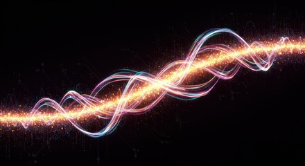 Abstract glowing helix, vibrant multicolored light trails and particles on black background.