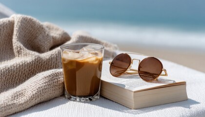 Iced coffee, book, and sunglasses resting on beach towel, perfect summer relaxation