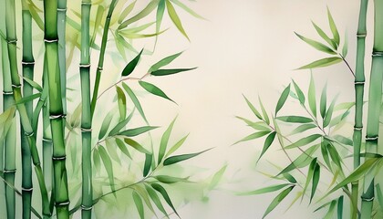 Obraz premium delicate watercolor painting of lush green bamboo leaves and stalks on a soft cream background