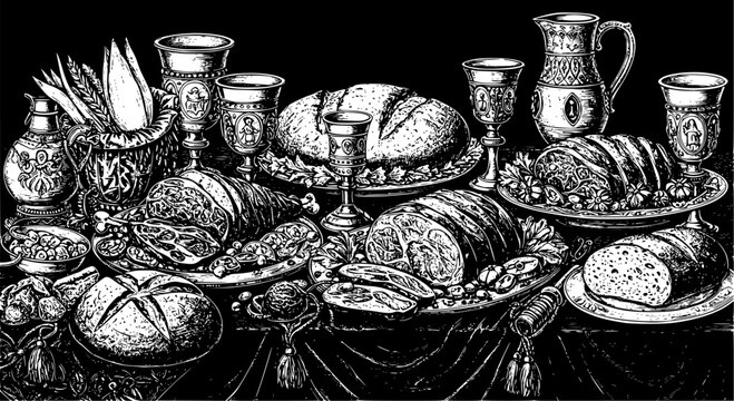Renaissance banquet table with goblets and bread for historical themed design
