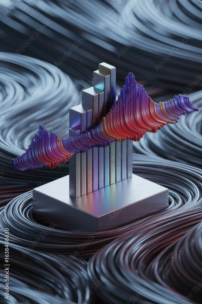 Poster dynamic 3d financial graph with flowing wave patterns in futuristic colors