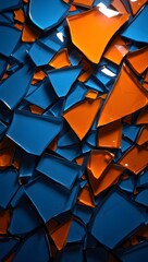 Abstract Mosaic of Irregular Blue and Orange Glass Pieces with Dazzling Light Reflections