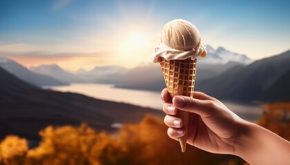 hand holding a double scoop ice cream cone against a scenic blurred landscape