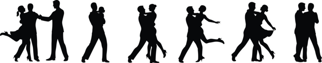 Silhouettes of couples dancing in different romantic and elegant dance poses, ballroom and social dancing vector illustration for creative design and artistic projects