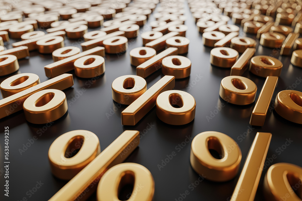Poster glittering gold percentage signs arranged in a dynamic pattern on a dark background