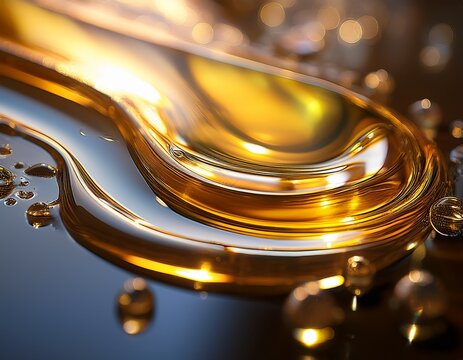 this close up captures the continuous anointing oil flow of a thick golden oil onto a smooth reflective surface emphasizing its texture and rich color