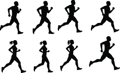 Silhouettes of men and women running in different dynamic athletic poses, jogging and sprinting, fitness and sports vector illustration for design and creative projects