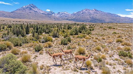 Vicunas grazing in the Andes Conservation Area under a bright blue sky during the day