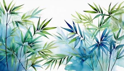 Fototapeta premium vibrant blue and green bamboo leaves painted in a watercolor style against a white background