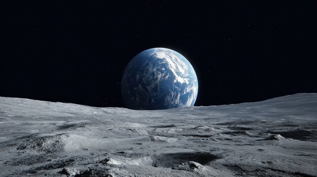 Earthrise view from lunar surface, starry night, space exploration, science